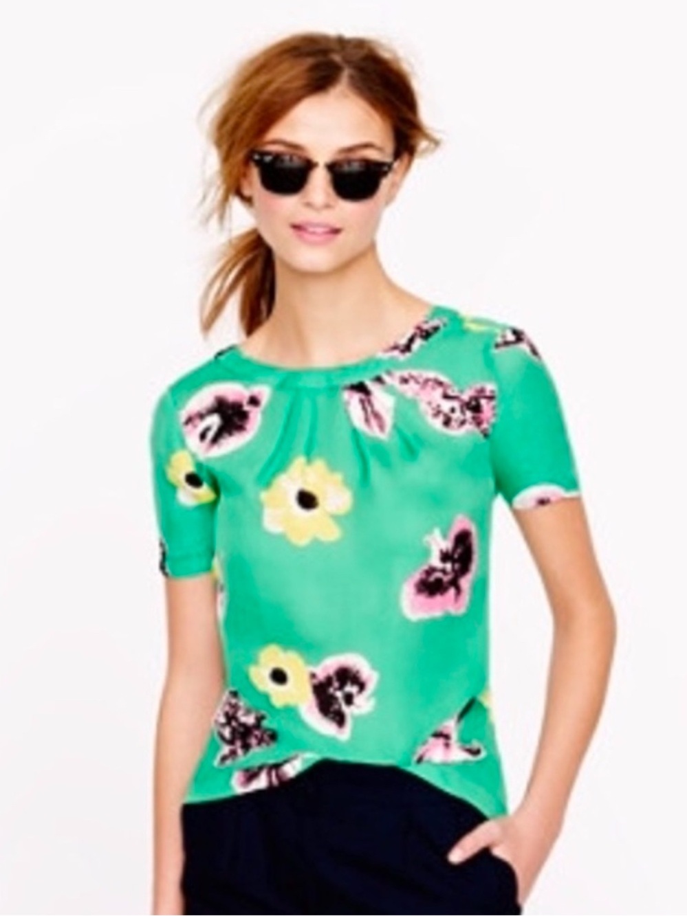 J.Crew Vibrant Green Floral Orchid Blouse – Short Sleeve Keyhole Back Top 8